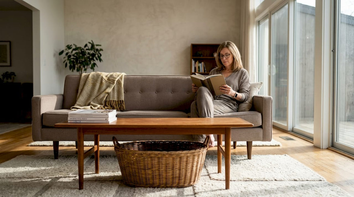 Sunlit luxury living room with relaxed reader