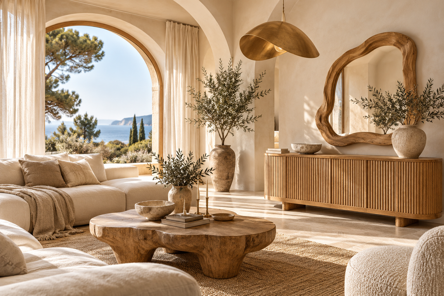 Sunlit Mediterranean living room with natural wood furniture, organic mirror, and warm neutral decor
