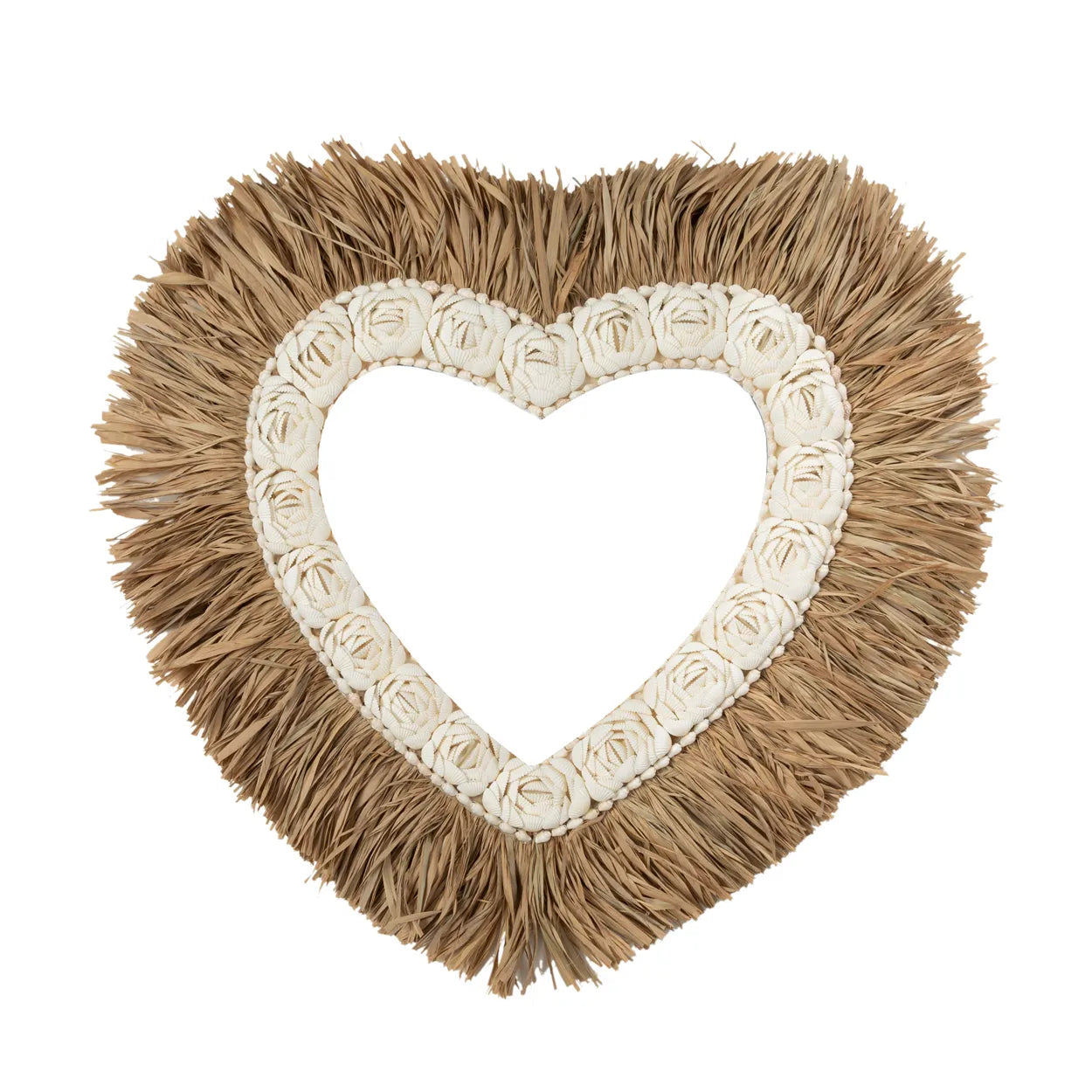 Heart-shaped decorative item with beige fringe and white floral center on a white background