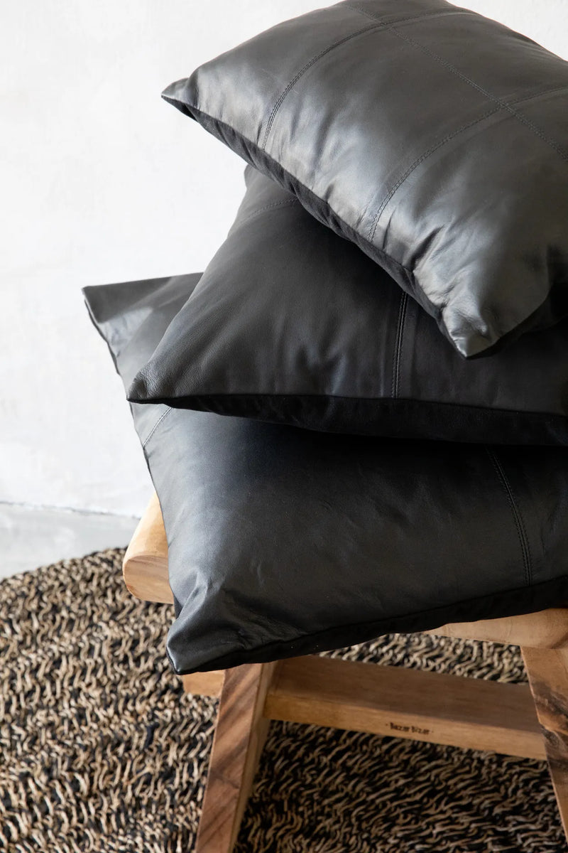 The Four Panel Leather Cushion Cover - Black - 40x40 in leather — handmade luxury cushion cover curated by Laiyahome — view 2