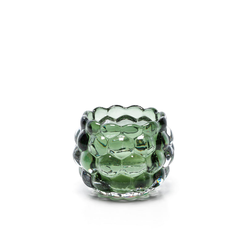 The Bubble Glow Candle Holder – Green, alternate view of the green glass candle holder against a light background