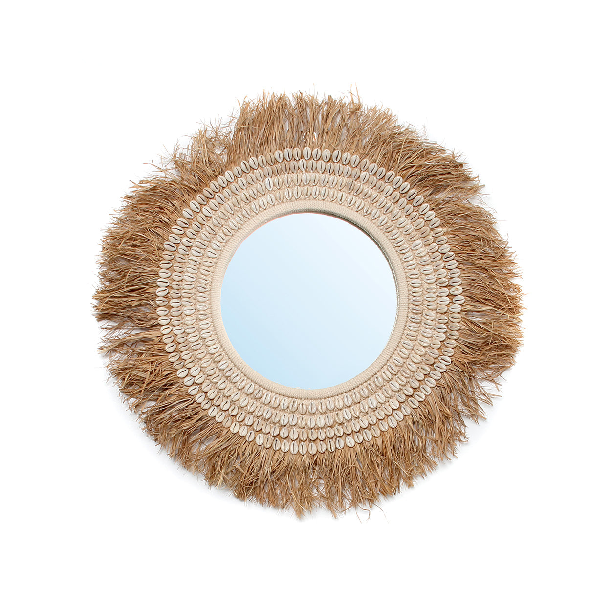 The Raffia Cowrie Mirror - Natural White in raffia — handmade luxury wall mirror curated by Laiyahome