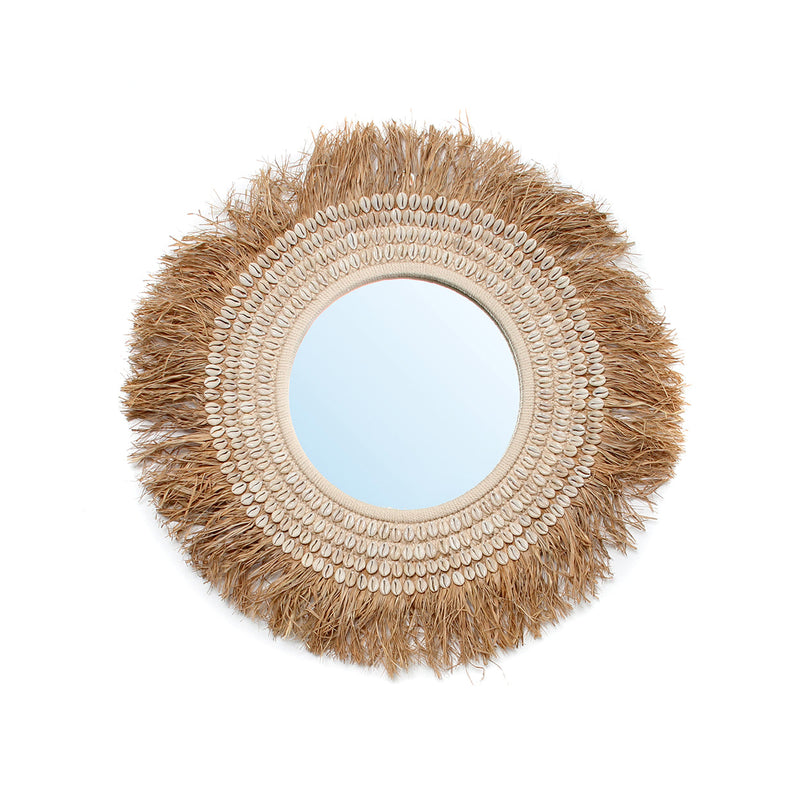 The Raffia Cowrie Mirror - Natural White in raffia — handmade luxury wall mirror curated by Laiyahome